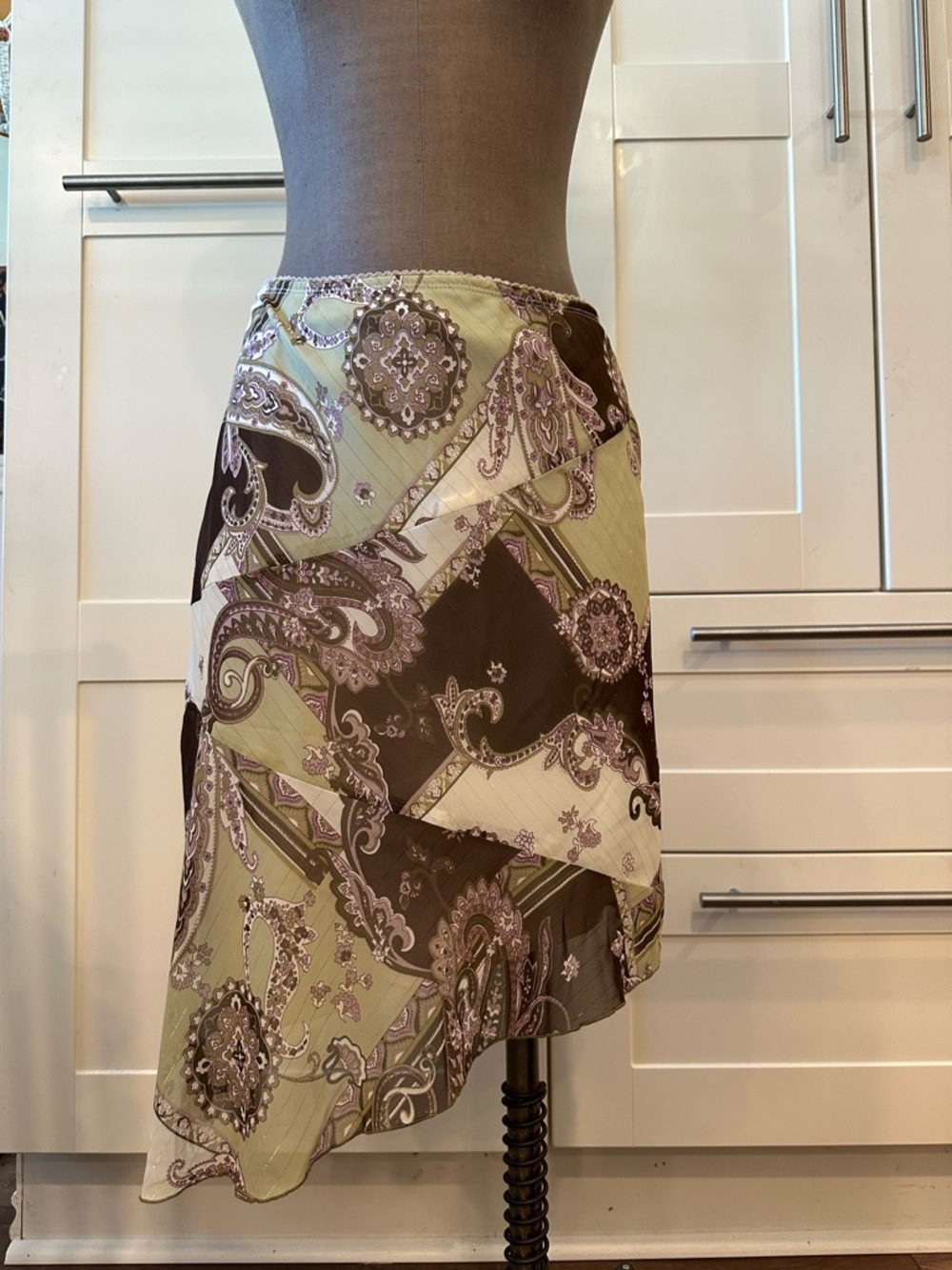 My Michelle Y2K Sage, Brown & Cream Paisley Asymmetrical Midi Skirt